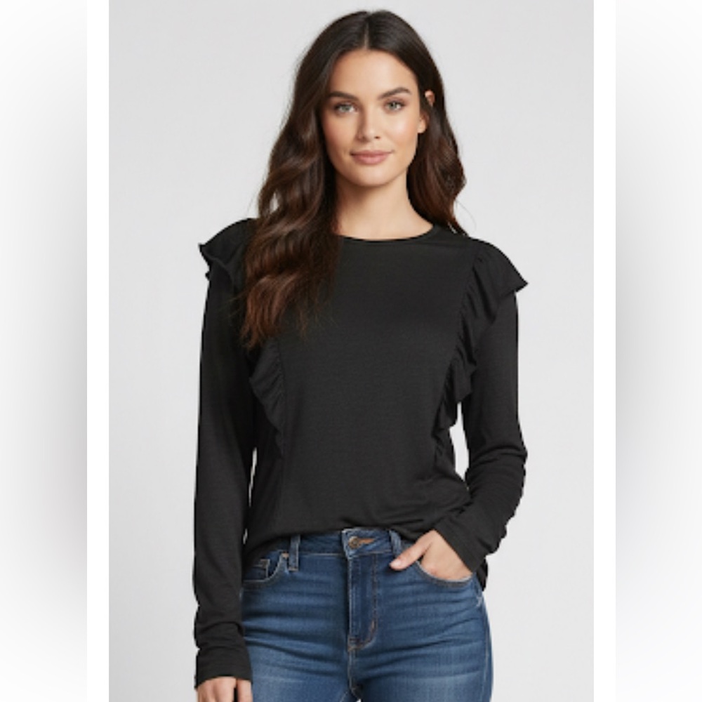 FRAME‎ Denim 100% linen Crewneck Ruffled Long Sleeve black tee size small